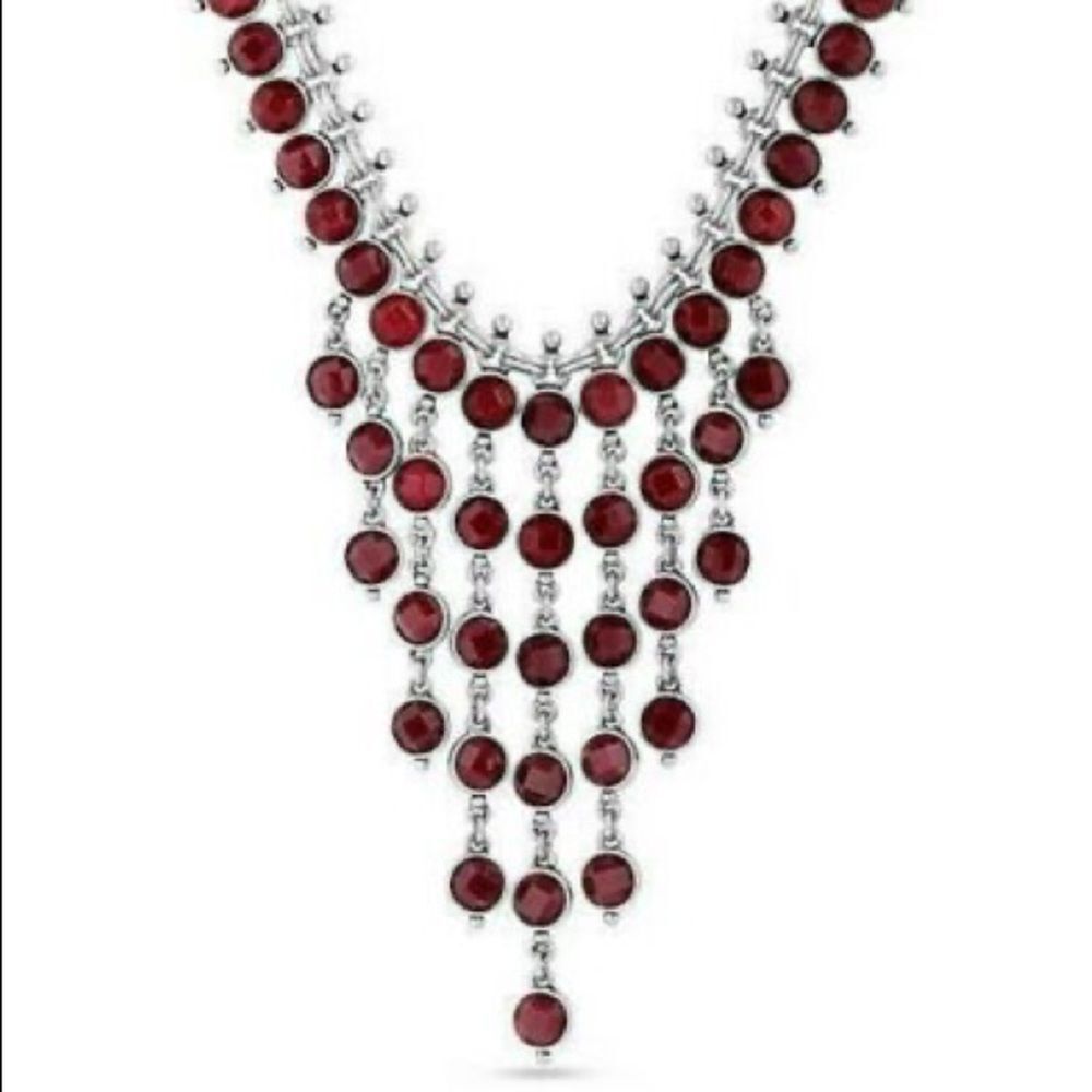Lucky brand wine red Lucite stone and silver tone waterfall bib necklace